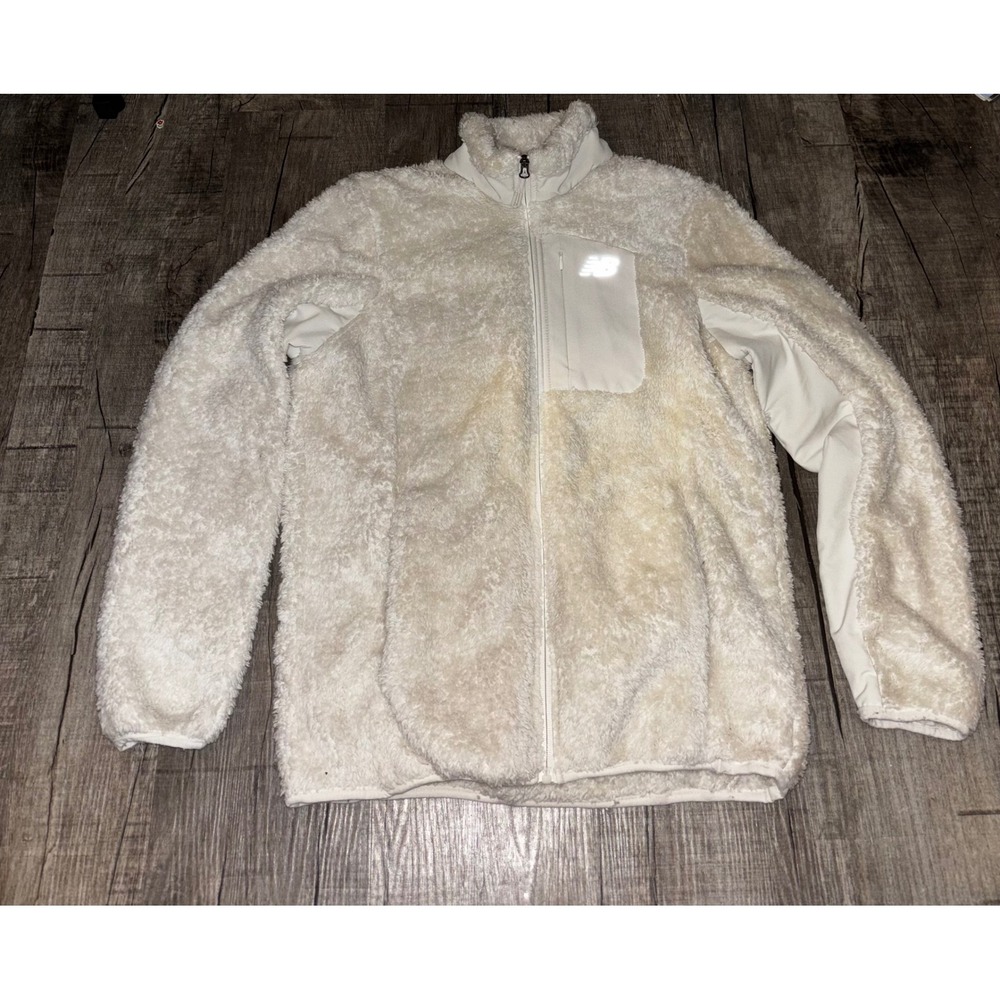 New Balance Women Fuzzy‎ Fleece Jacket Cream Full Zip Logo Pocket Size M